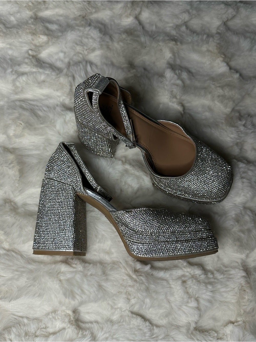 Dolls Essential Sparkling Silver Block Heel Sandals with Ankle Strap
